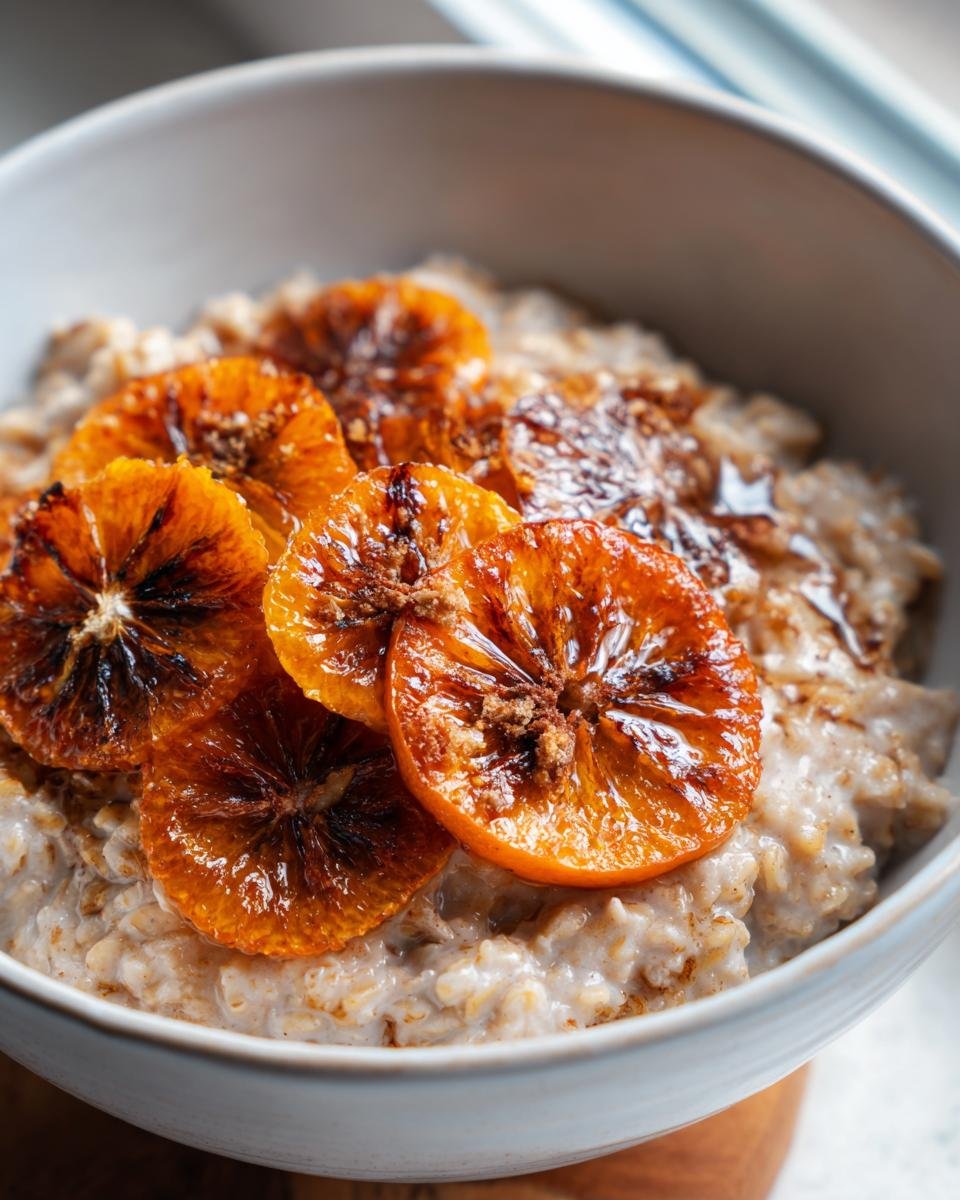 Nahaufnahme von cremigen Haferflocken garniert mit karamellisierten Orangen-Scheiben, das perfekte Maple Cinnamon Oatmeal.