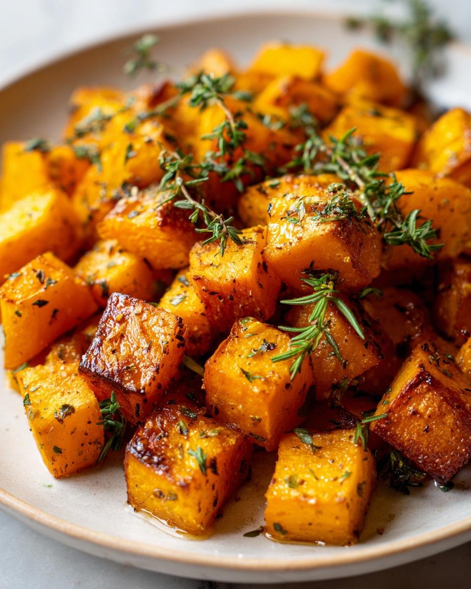 Nahaufnahme von goldbraun ger&ouml;steten Maple Herb Roasted Butternut Squash W&uuml;rfeln, garniert mit frischen Kr&auml;utern.