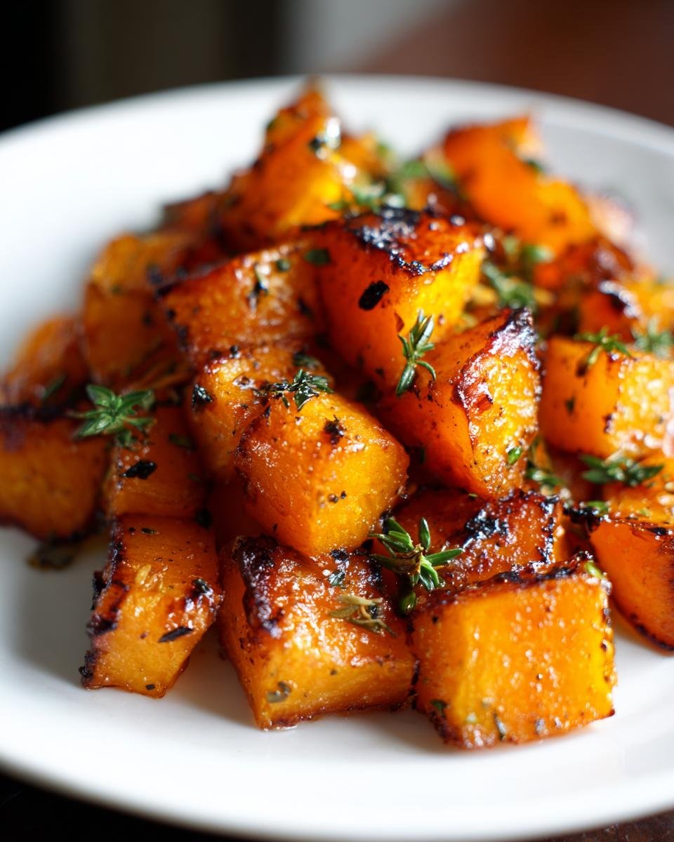 Nahaufnahme von karamellisierten Maple Herb Roasted Butternut Squash W&uuml;rfeln mit Thymian.