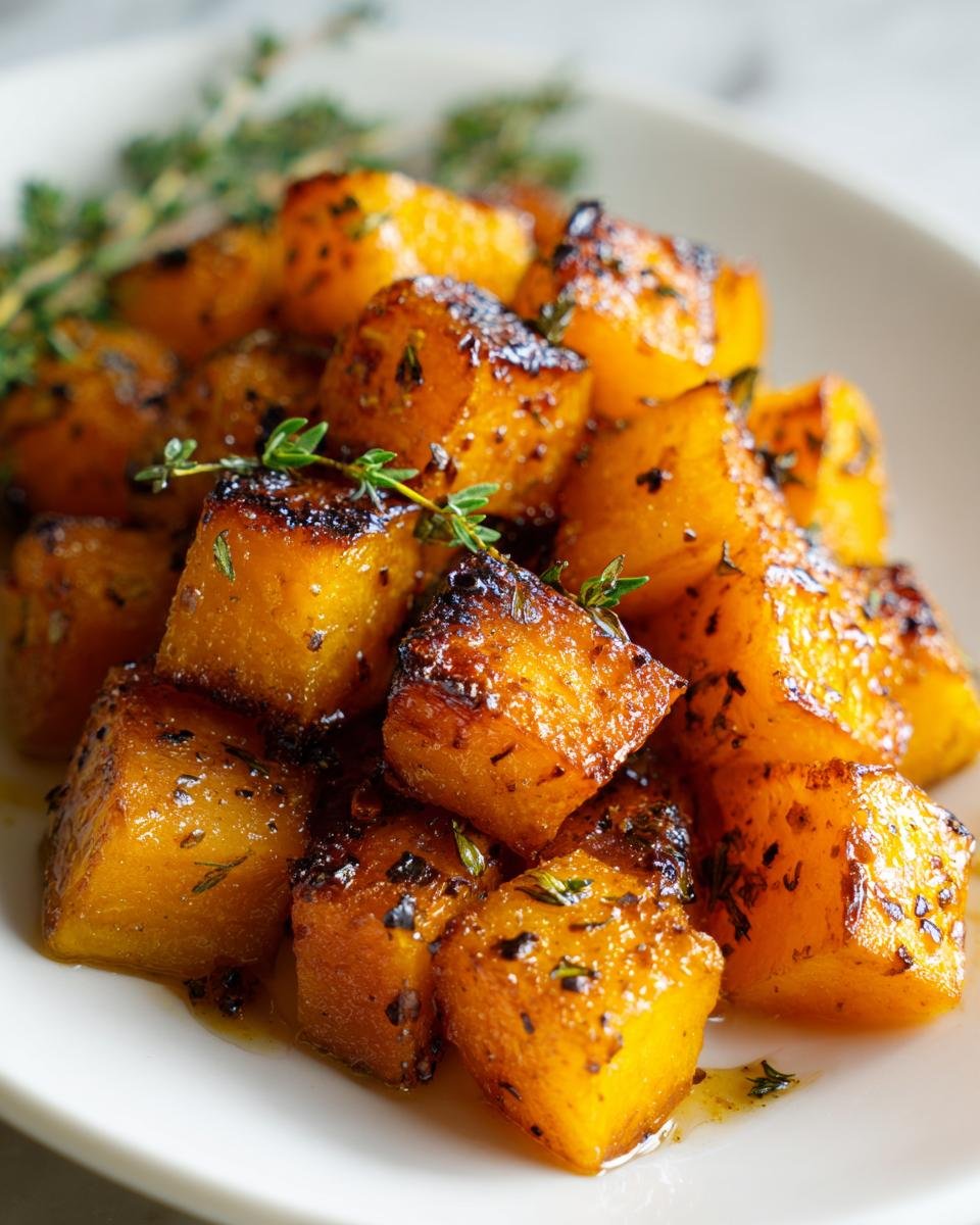 Nahaufnahme von goldbraun ger&ouml;steten W&uuml;rfeln Maple Herb Roasted Butternut Squash, garniert mit frischem Thymian.