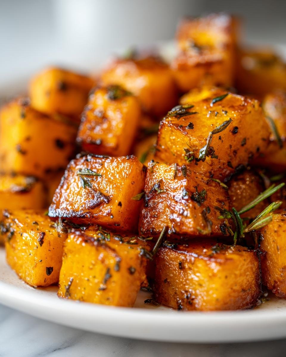 Nahaufnahme von karamellisierten W&uuml;rfeln aus Maple Herb Roasted Butternut Squash, bestreut mit Kr&auml;utern.