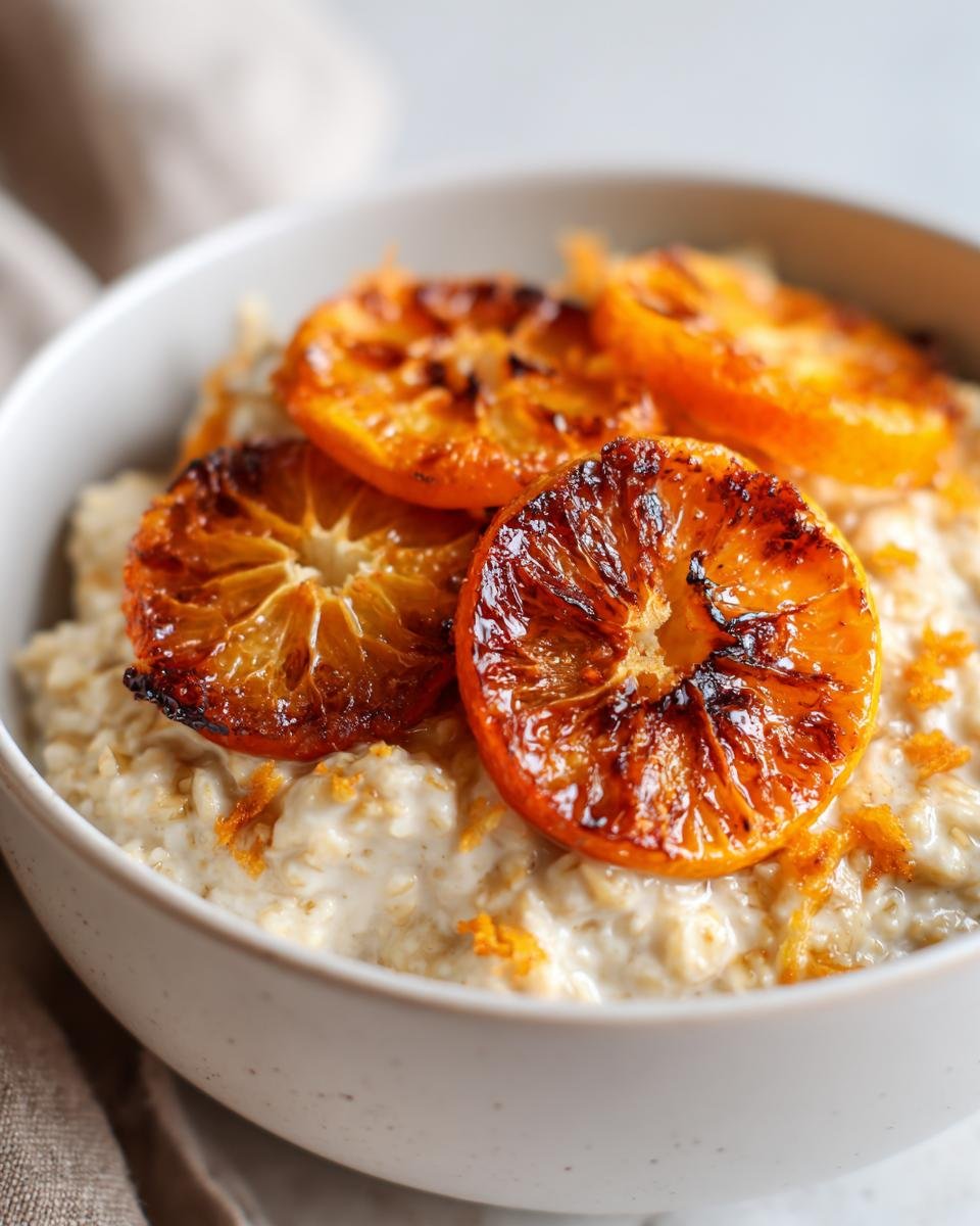 Nahaufnahme von Maple Zimt Haferflocken mit karamellisierten Orangen als Topping.