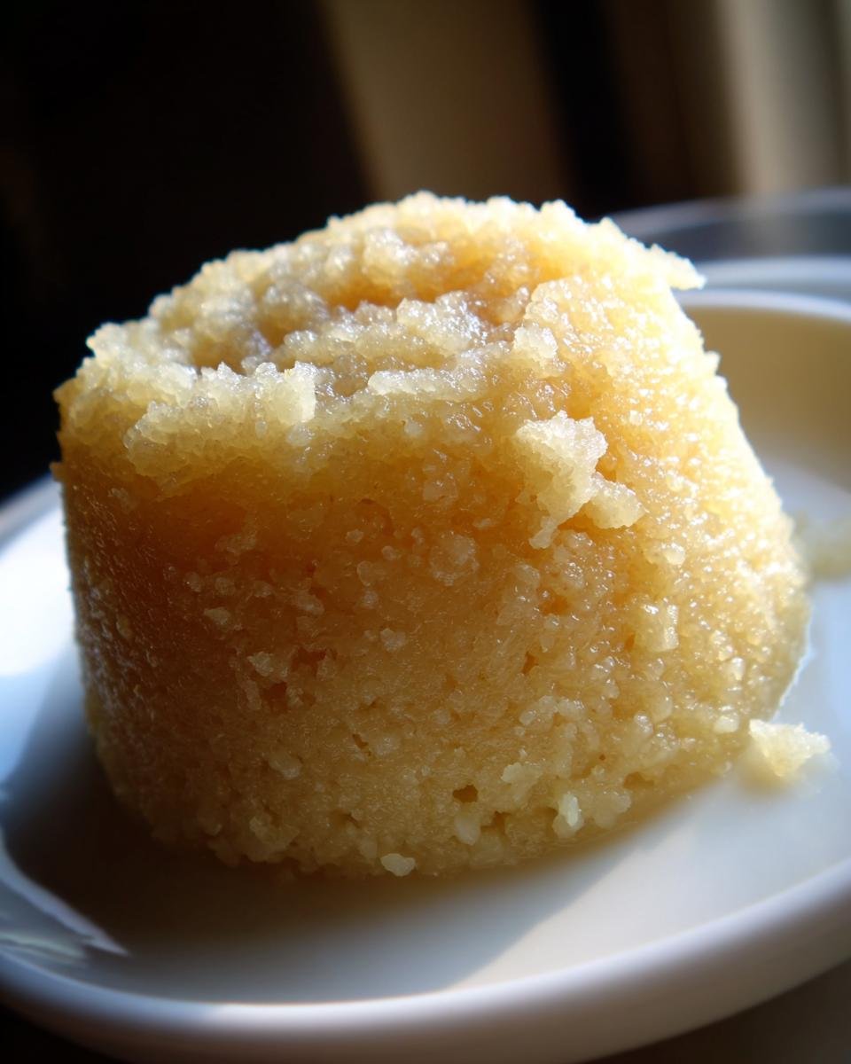 Nahaufnahme eines kleinen, runden St&uuml;cks selbstgemachtem Marzipan mit k&ouml;rniger Textur auf einem wei&szlig;en Teller.