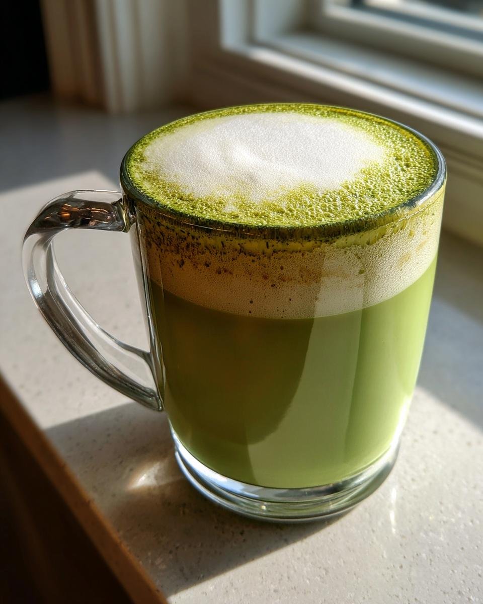 Nahaufnahme eines leuchtend gr&uuml;nen Matcha Latte mit dickem, wei&szlig;em Milchschaum in einer durchsichtigen Glastasse.