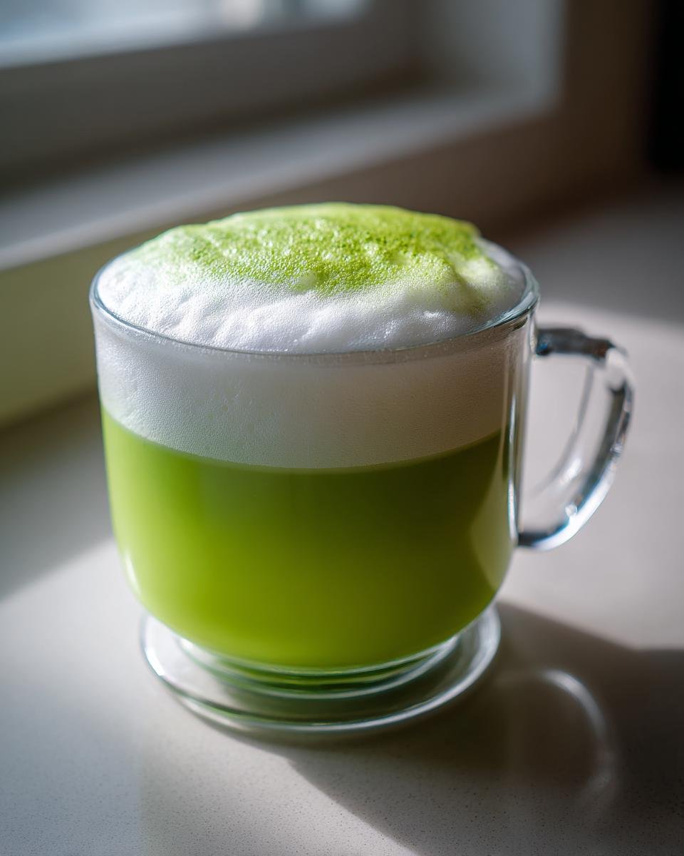 Nahaufnahme eines leuchtend gr&uuml;nen Matcha Latte mit viel Milchschaum und Matcha-Pulver-Topping.