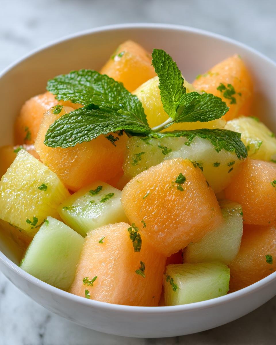 Nahaufnahme eines Melon Pineapple Fruit Salad mit W&uuml;rfeln aus Honigmelone, Cantaloupe und Ananas, garniert mit Minze.