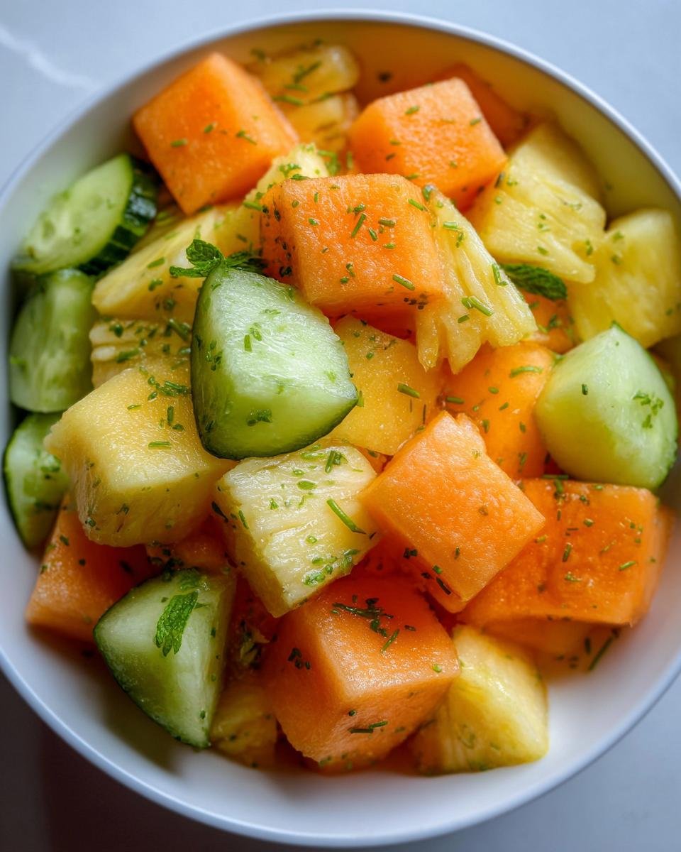 Nahaufnahme eines Melon Pineapple Fruit Salad mit W&uuml;rfeln aus Honigmelone, Ananas und Gurke, garniert mit Kr&auml;utern.