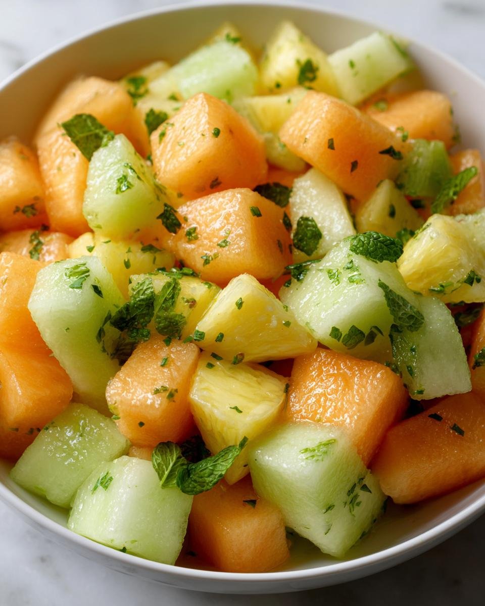 Nahaufnahme eines Melon Pineapple Fruit Salad mit W&uuml;rfeln aus Honigmelone, Cantaloupe und Ananas, garniert mit frischer Minze.