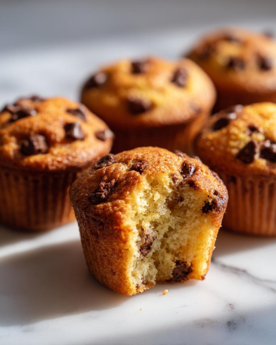 Nahaufnahme von Mini Chocolate Chip Muffins, einer davon angebissen, um die lockere Textur zu zeigen.