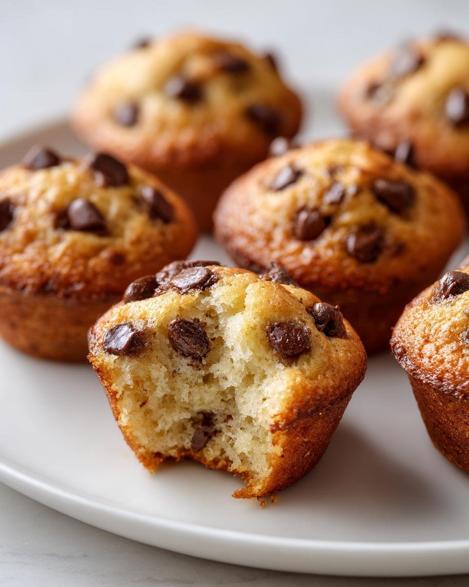 Nahaufnahme von saftigen Mini Chocolate Chip Muffins, einer davon angebissen, auf einem wei&szlig;en Teller.