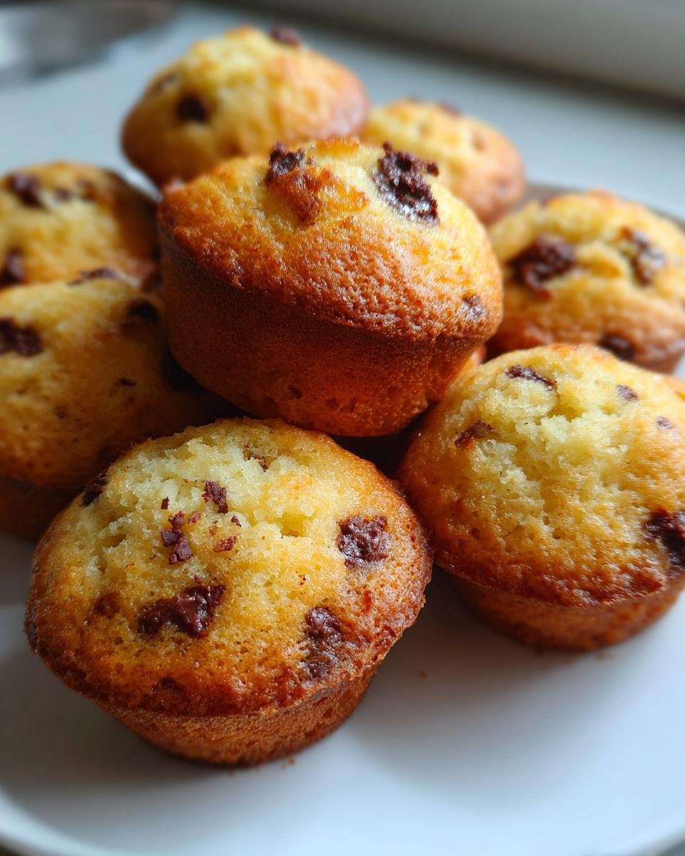 Nahaufnahme von mehreren goldbraunen Mini Chocolate Chip Muffins, die auf einem wei&szlig;en Teller gestapelt sind.