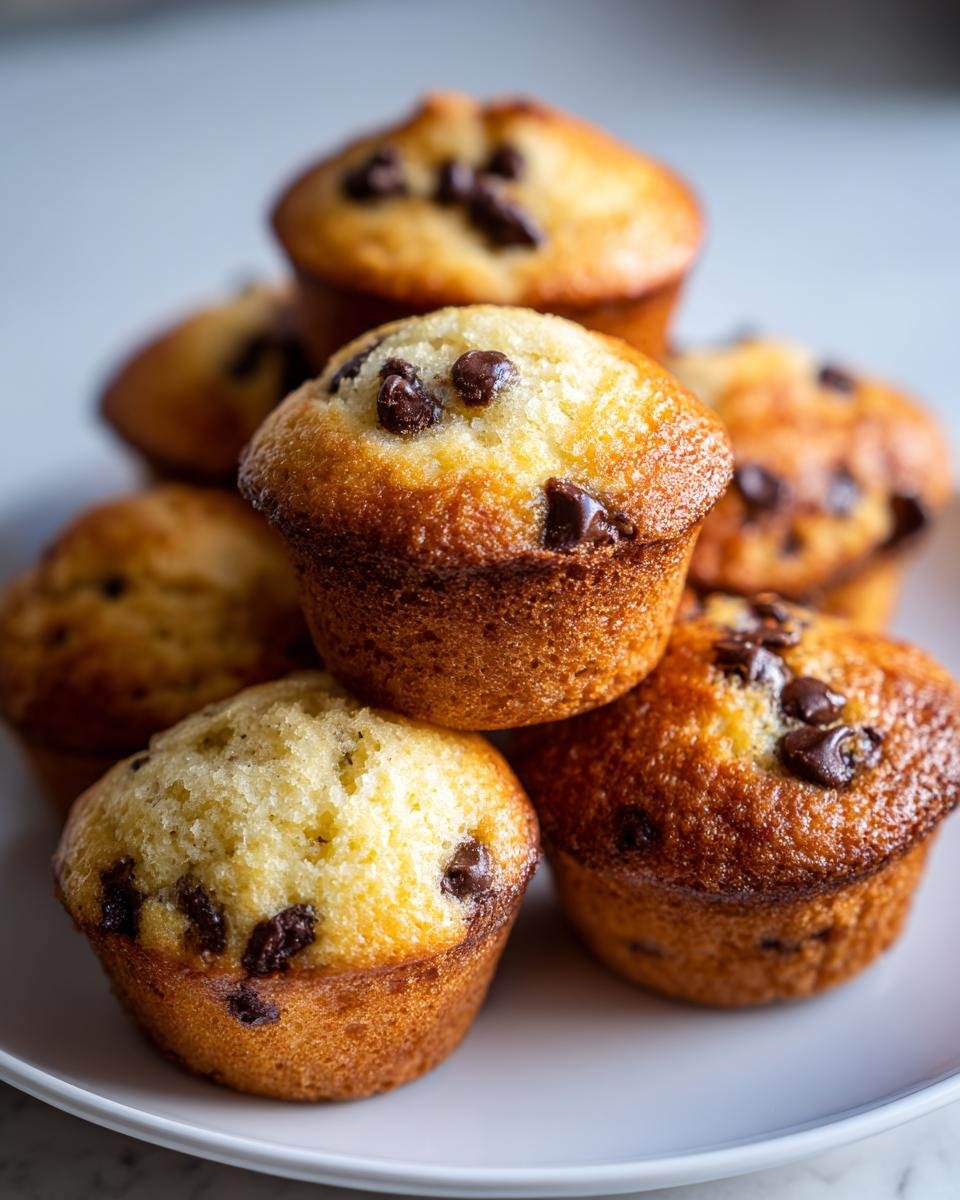 Nahaufnahme von gestapelten, goldbraunen Mini Chocolate Chip Muffins mit geschmolzenen Schokost&uuml;ckchen.