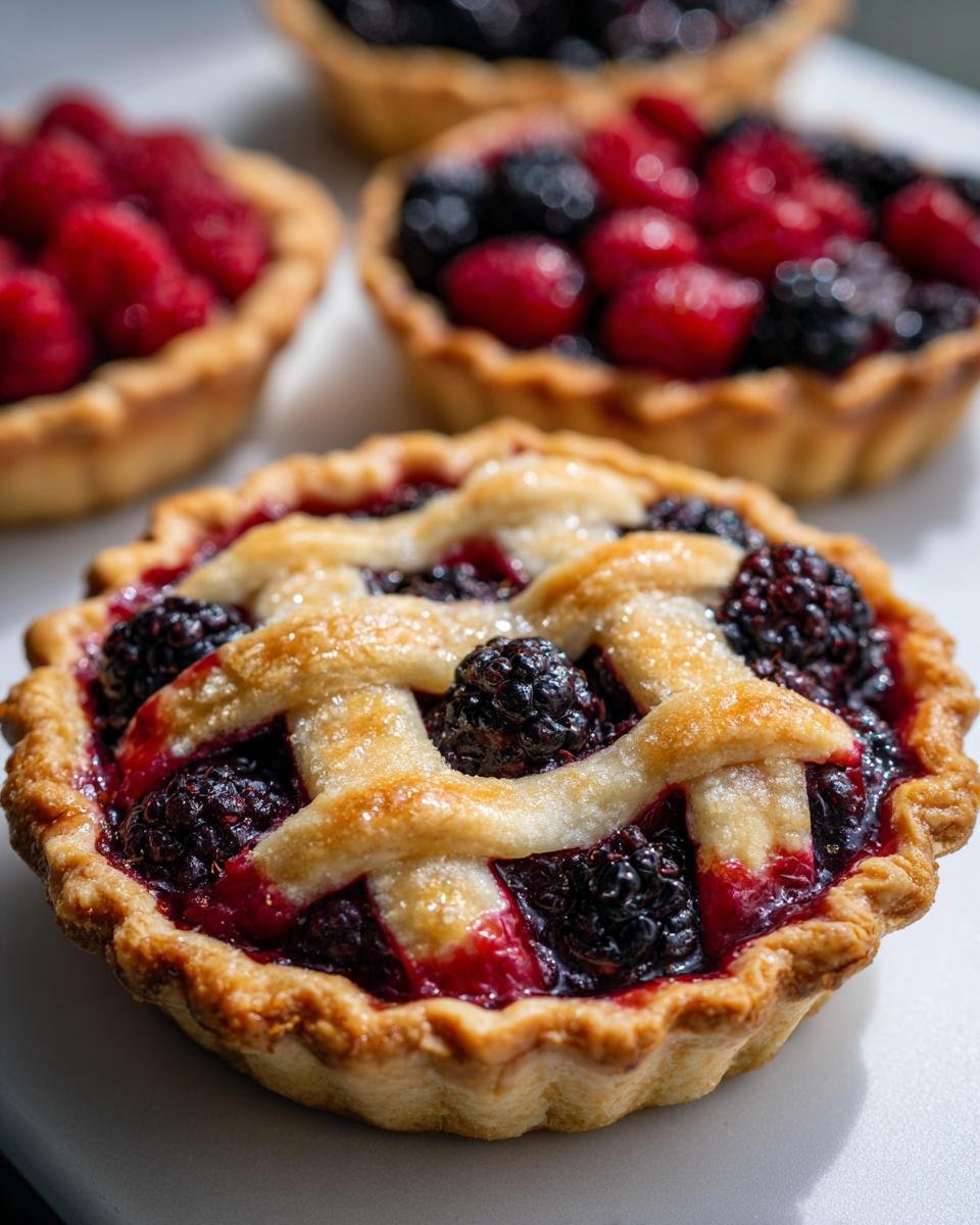 Nahaufnahme eines glasierten Mini Pie mit Brombeeren und Gitterdecke, im Hintergrund weitere Mini Pie Recipes.