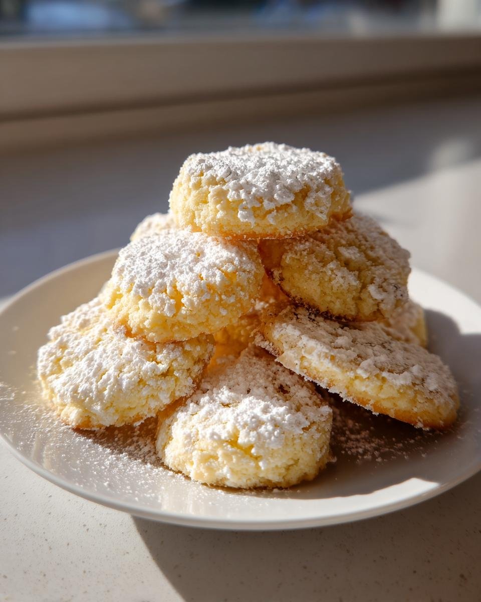 Ein Stapel m&uuml;rber Lemon Cookies, gro&szlig;z&uuml;gig mit Puderzucker best&auml;ubt, auf einem wei&szlig;en Teller.