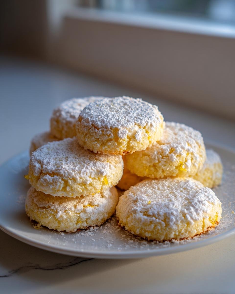 Stapel von m&uuml;rben Lemon Cookies, best&auml;ubt mit Puderzucker, auf einem wei&szlig;en Teller.