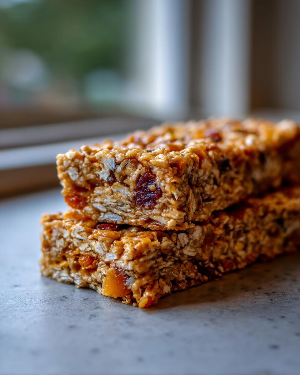 Nahaufnahme von zwei gestapelten, selbstgemachten M&uuml;sliriegeln mit Haferflocken und Trockenfr&uuml;chten f&uuml;r Cereal Bar Recipes.