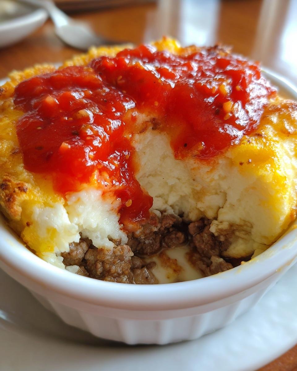 Nahaufnahme des Neiman Marcus Dip als geschichteter Auflauf mit Hackfleisch, cremiger F&uuml;llung und roter Sauce.