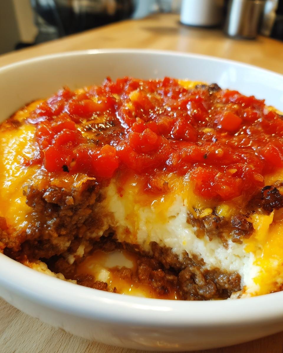 Nahaufnahme des fertigen Neiman Marcus Dip mit Hackfleisch, K&auml;se und Tomatensalsa in einer wei&szlig;en Sch&uuml;ssel.