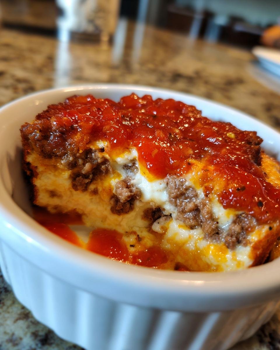 Nahaufnahme einer Portion des Neiman Marcus Dip mit Hackfleischf&uuml;llung in einer wei&szlig;en Schale, bedeckt mit roter Sauce.