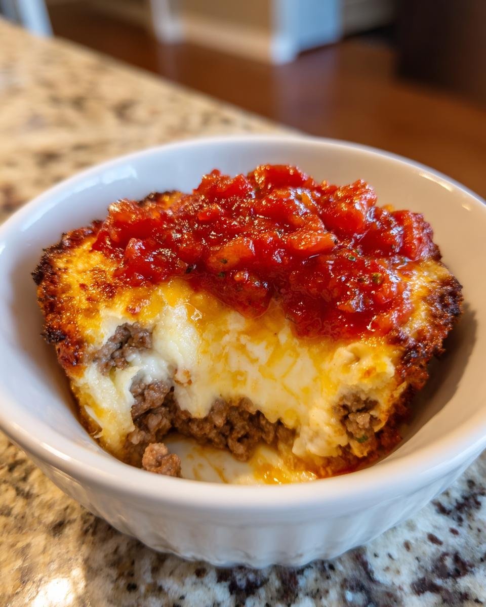Ein angeschnittenes, gebackenes Neiman Marcus Dip Portion mit Hackfleisch, K&auml;se und Tomatensauce.