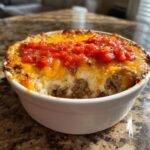 Nahaufnahme des gebackenen Neiman Marcus Dip mit Hackfleisch, K&auml;se und Tomatensalsa in einer wei&szlig;en Schale.