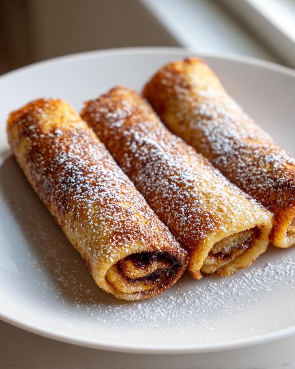 Drei goldbraune Nutella French Toast Rollups, best&auml;ubt mit Puderzucker auf einem wei&szlig;en Teller.