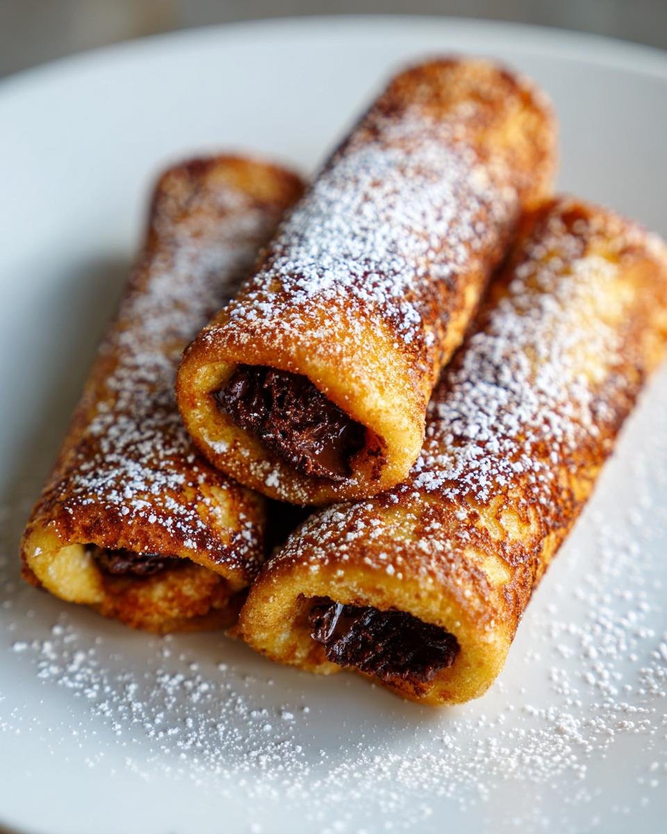 Drei goldbraune Nutella French Toast Rollups, best&auml;ubt mit Puderzucker auf einem wei&szlig;en Teller.