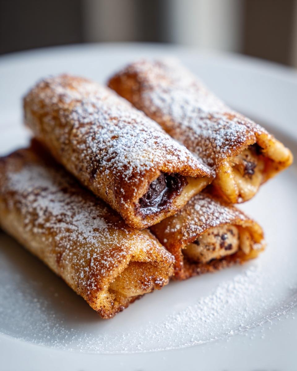 Vier goldbraune Nutella French Toast Rollups, mit Puderzucker best&auml;ubt, auf einem wei&szlig;en Teller.