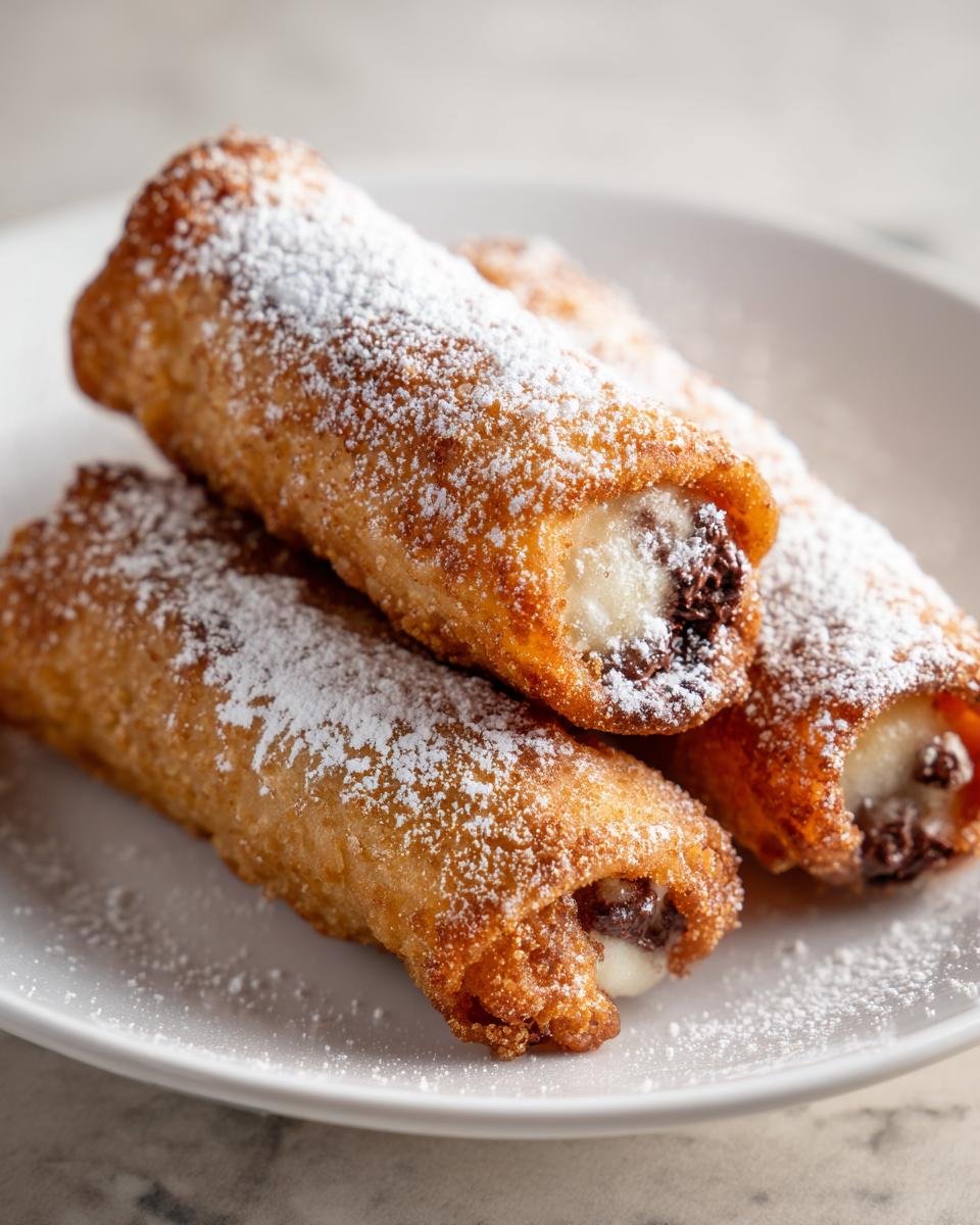 Drei goldbraune Nutella French Toast Rollups, best&auml;ubt mit Puderzucker, auf einem wei&szlig;en Teller.