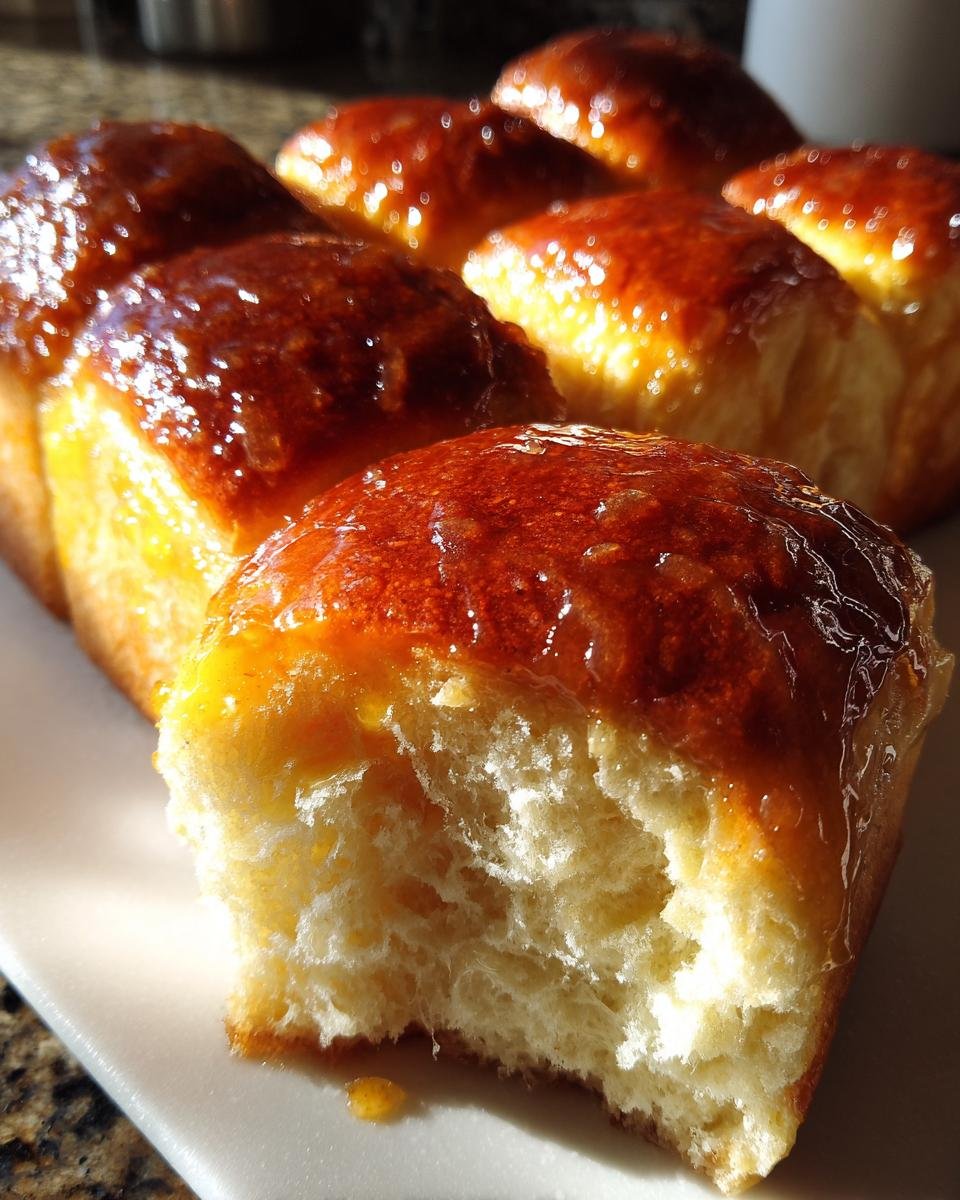 Nahaufnahme von Orange Glazed Sweet Dinner Rolls, wobei ein Br&ouml;tchen angebissen ist und die weiche Textur zeigt.