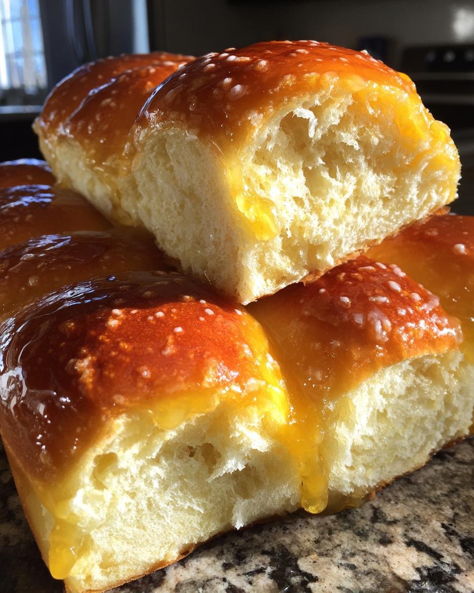 Nahaufnahme von fluffigen Orange Glazed Sweet Dinner Rolls mit gl&auml;nzendem Zuckerguss.