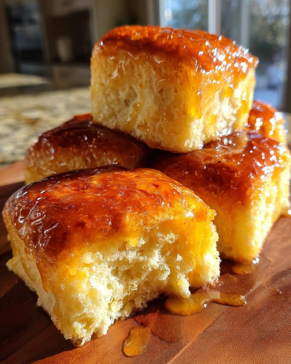 Stapel von weichen Orange Glazed Sweet Dinner Rolls mit gl&auml;nzender Glasur auf Holz.
