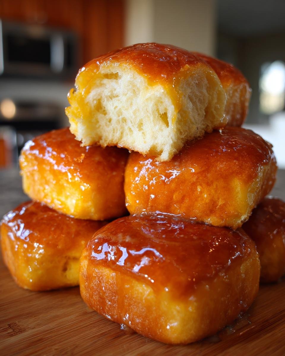 Stapel von Orange Glazed Sweet Dinner Rolls, einer davon angeschnitten, um das weiche Innere zu zeigen.