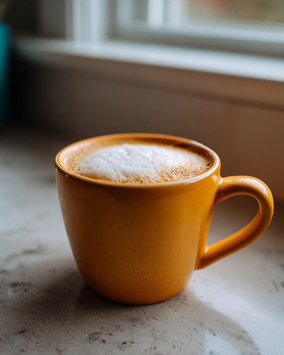 Nahaufnahme eines Golden Milk Latte in einer leuchtend orangefarbenen Tasse mit cremigem Milchschaum.