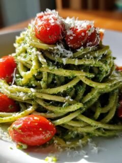 Nahaufnahme von Pasta mit gr&uuml;nem Pesto, Kirschtomaten und geriebenem Parmesan &ndash; eines der Recipes With Pesto.