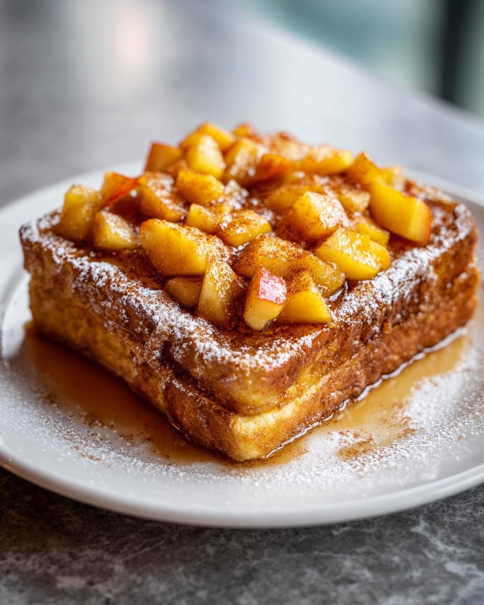 Ein dickes St&uuml;ck Peach Cobbler Baked French Toast mit karamellisierten Pfirsichw&uuml;rfeln und Puderzucker.