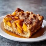 Ein saftiges St&uuml;ck Peach Cobbler Baked French Toast mit karamellisierten Pfirsichen und Zimtstreusel auf einem wei&szlig;en Teller.