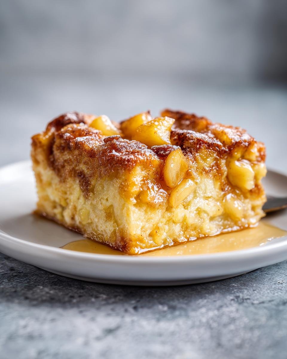 Ein St&uuml;ck saftiger Peach Cobbler Baked French Toast mit karamellisierten Pfirsichen auf einem wei&szlig;en Teller.