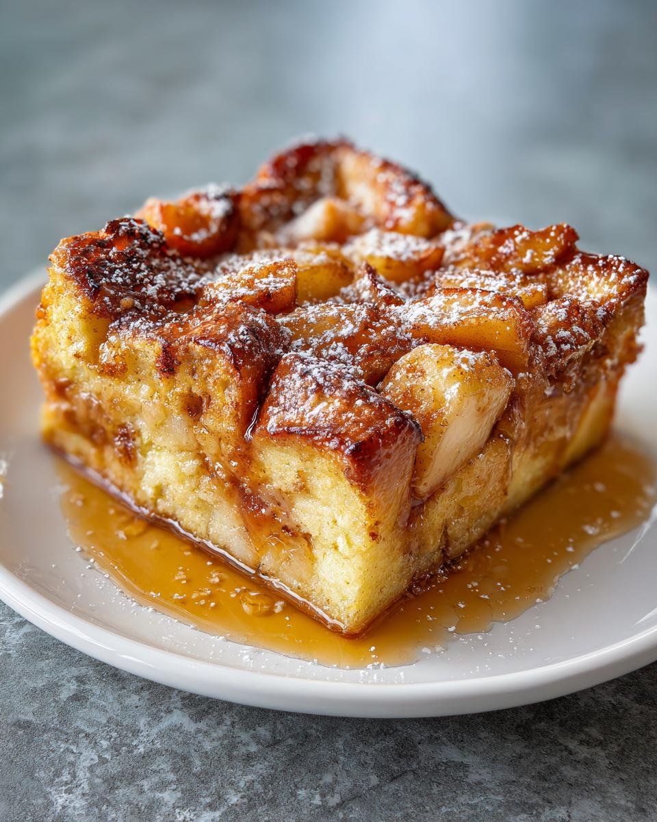 Ein St&uuml;ck Peach Cobbler Baked French Toast mit Puderzucker und Sirup auf einem wei&szlig;en Teller.