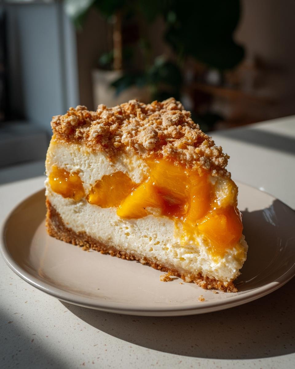 Ein gro&szlig;es St&uuml;ck Peach Cobbler Cheesecake mit saftigen Pfirsichen und knusprigen Streuseln auf einem Teller.