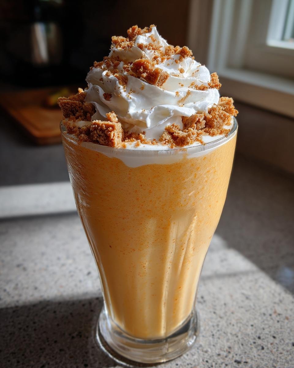 Ein cremiger, orangefarbener Peach Cobbler Milkshake in einem Glas, gekr&ouml;nt mit Schlagsahne und Keksst&uuml;cken.
