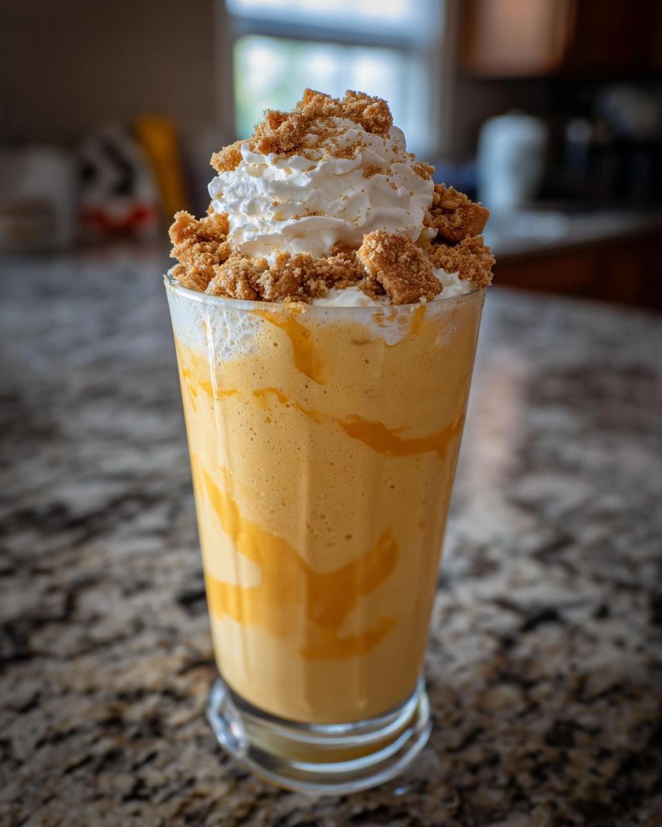 Ein hohes Glas mit einem cremigen Peach Cobbler Milkshake, garniert mit Schlagsahne und Keksstreuseln.
