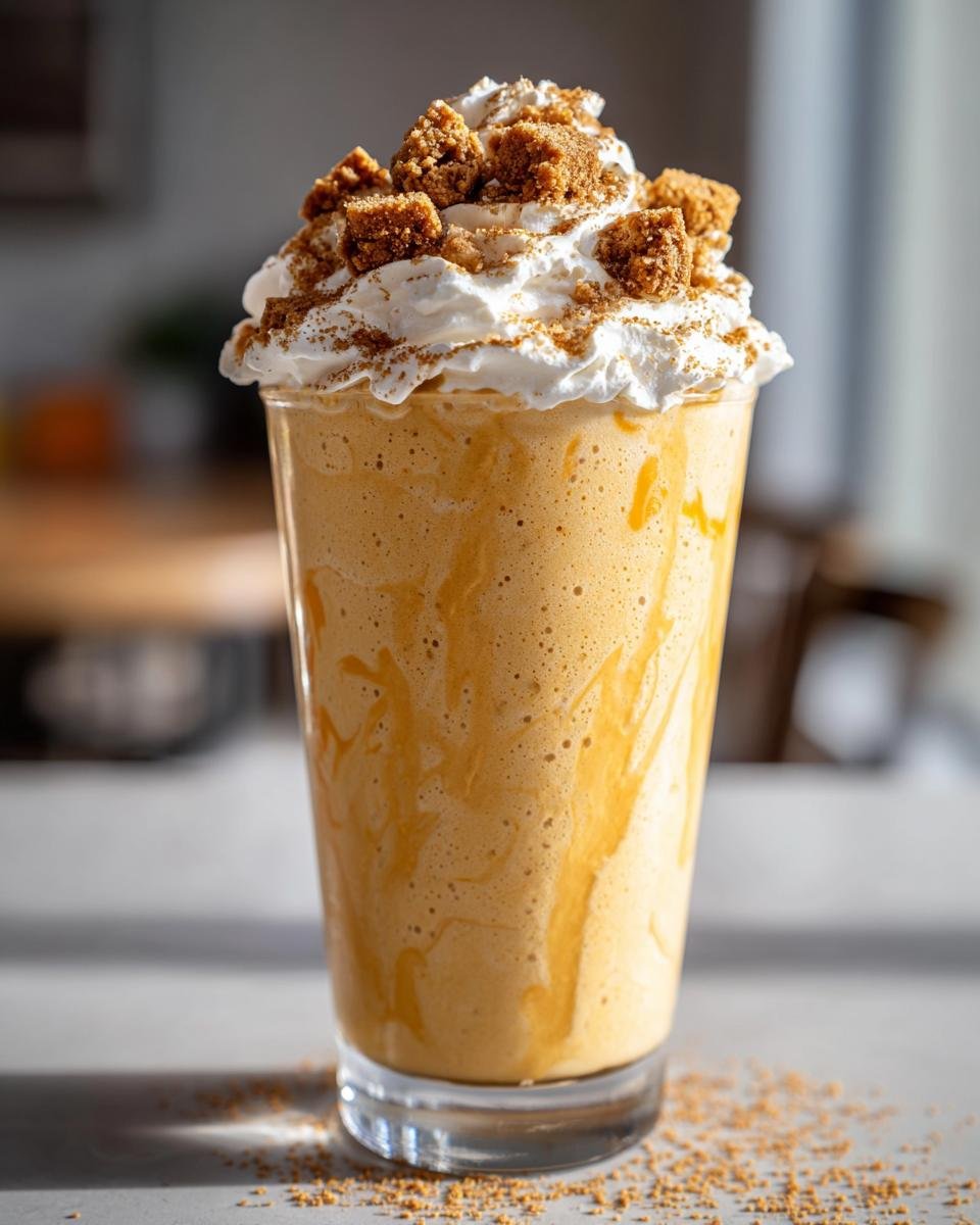 Ein hohes Glas mit einem cremigen Peach Cobbler Milkshake, gekr&ouml;nt mit Sahne und Keksst&uuml;cken.