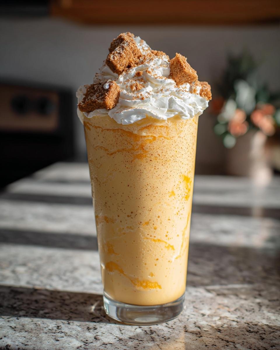 Ein hohes Glas mit cremigem Peach Cobbler Milkshake, gekr&ouml;nt mit Schlagsahne und Keksst&uuml;cken.