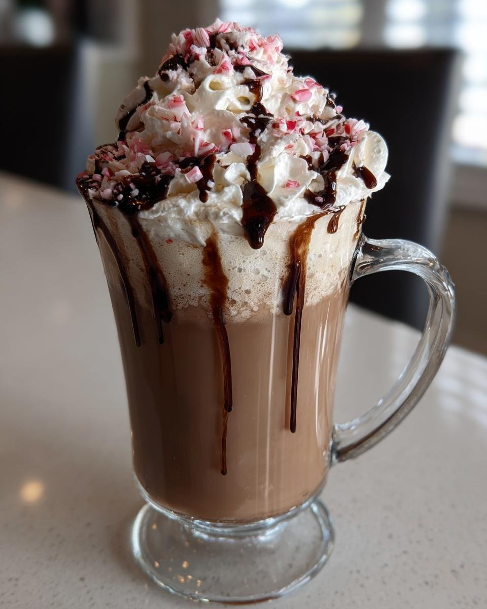 Ein hohes Glas mit einem dekadenten Peppermint White Chocolate Mocha Latte, bedeckt mit Schlagsahne, Schokosauce und zersto&szlig;enen Pfefferminzbonbons.