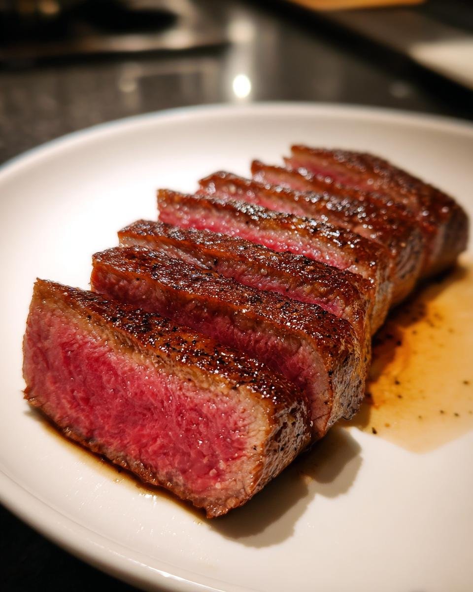 Aufgeschnittenes, saftiges Wagyu Beef mit rosa Kern auf einem wei&szlig;en Teller, ideal f&uuml;r Wagyu Beef Recipes.