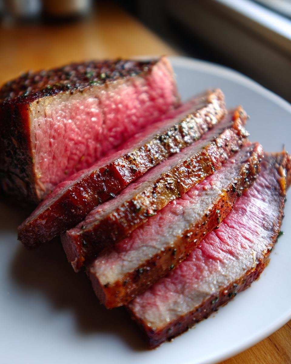 Aufgeschnittenes, medium-rare gegrilltes Wagyu Beef mit dunkler Kruste auf einem wei&szlig;en Teller.
