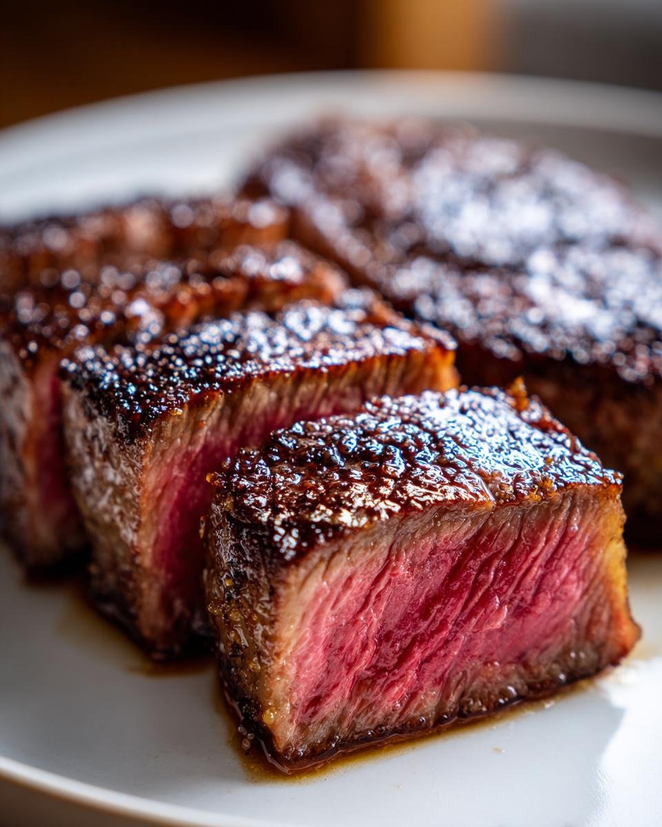 Nahaufnahme von saftigen, in Scheiben geschnittenen Wagyu Beef Steaks mit perfektem rosa Kern.