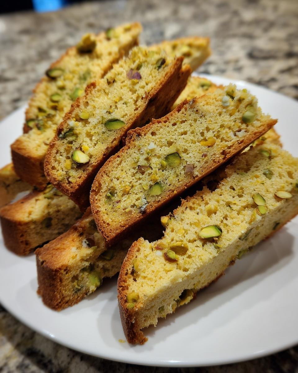 Nahaufnahme von mehreren Scheiben goldbrauner Pistazien Biscotti, reich an gr&uuml;nen Pistazienst&uuml;cken, auf einem wei&szlig;en Teller.