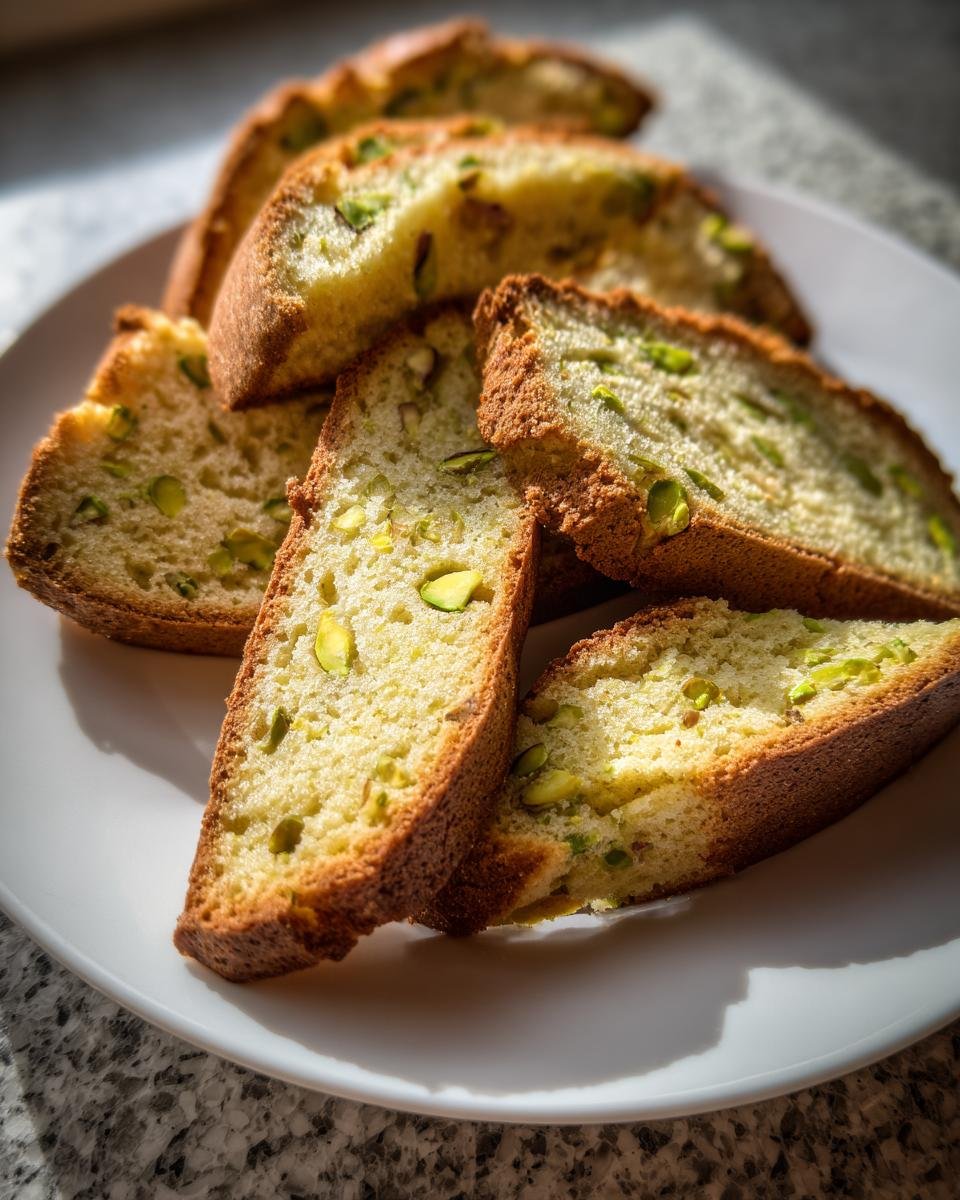Mehrere Scheiben Pistazien Biscotti mit gr&uuml;nen Pistazienst&uuml;cken auf einem wei&szlig;en Teller.